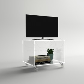 Carrello TV 85x30 mobile in plexiglass trasparente, ruote e ripiani.