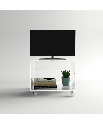 Carrello TV 85x30 mobile in plexiglass trasparente, ruote e ripiani.
