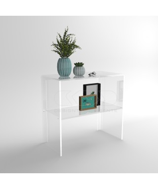 Transparent acrylic console table 50 cm with storage shelf.