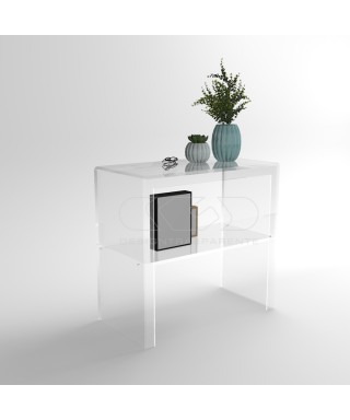 Transparent acrylic console table 50 cm with storage shelf.