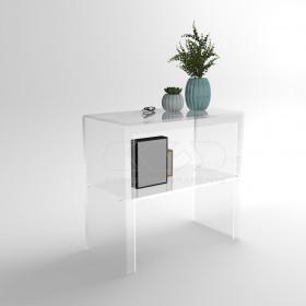 Transparent acrylic console table 60 cm with storage shelf.
