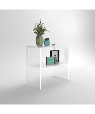 Transparent acrylic console table 90 cm with storage shelf.