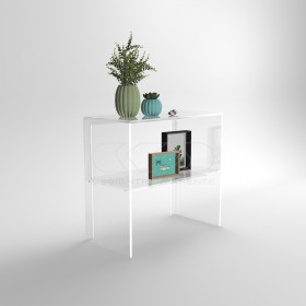 Transparent acrylic console table 90 cm with storage shelf.