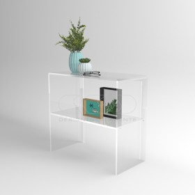 Transparent acrylic console table 90 cm with storage shelf.