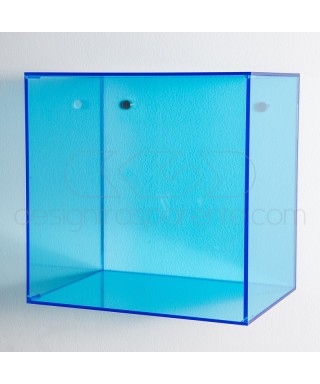 Mensola Cubo cm 15 in plexiglass azzurro espositore da parete.