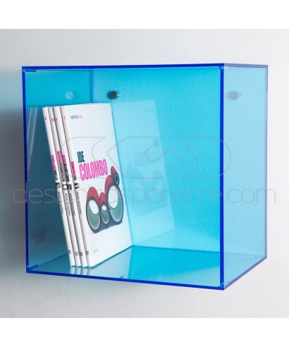 Mensola Cubo cm 15 in plexiglass azzurro espositore da parete.