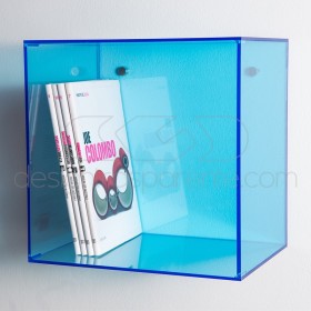 Mensola Cubo cm 15 in plexiglass azzurro espositore da parete.