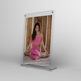 Acrylic 10cm tabletop photo frame with metal supports.