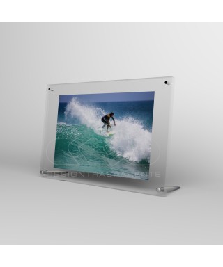 Acrylic 15cm tabletop photo frame with metal supports.