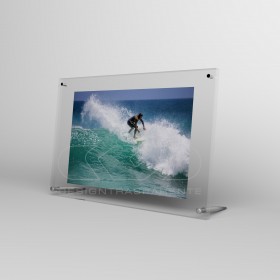 Acrylic 15cm tabletop photo frame with metal supports.