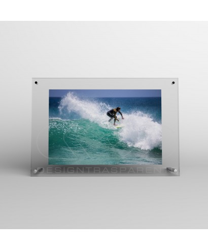 Acrylic 20cm tabletop photo frame with metal supports.