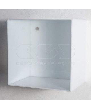 Mensola Cubo cm 20 in plexiglass colorato bianco espositore da parete.