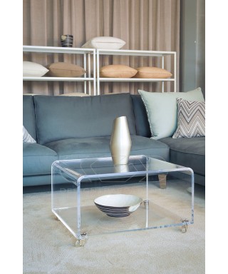 Mesa de centro 35 cm revistero de metacrilato transparente con ruedas.