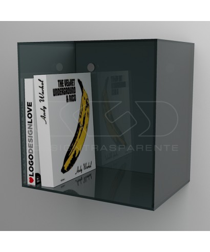 Mensola Cubo cm 20 in plexiglass fumé grigio espositore da parete.