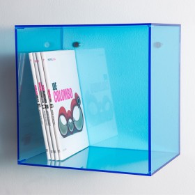Cube shelf cm 25 in acrylic light blue plexiglass wall display unit.