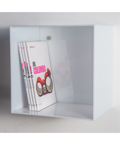 Mensola Cubo cm 25 in plexiglass colorato bianco espositore da parete.