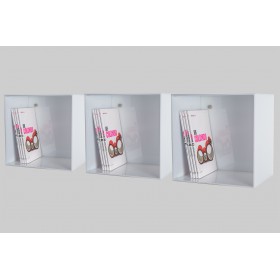 Mensola Cubo cm 25 in plexiglass colorato bianco espositore da parete.