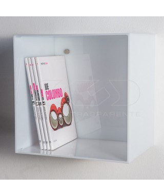 Mensola Cubo cm 25 in plexiglass colorato bianco espositore da parete.