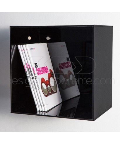 Cube shelf cm 25 in acrylic glossy black plexiglass wall display unit.
