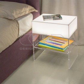 Comodino L30 Tavolino luminoso con ripiano portaoggetti in plexiglass.