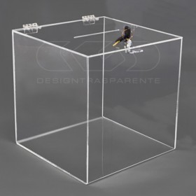 Urna economica box in plexiglass trasparente con asola e serratura.