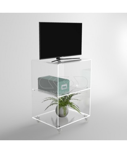 Carrello TV 45x40 mobile in plexiglass trasparente, ruote e ripiani.