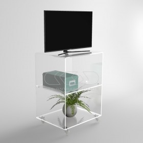 Carrello TV 45x40 mobile in plexiglass trasparente, ruote e ripiani.
