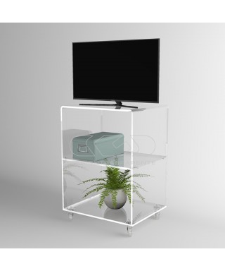 Mueble TV plasma 45x40 en metacrilato transparente ruedas y estantes.