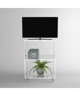 50x30 Acrylic clear rolling TV stand with holder objects.