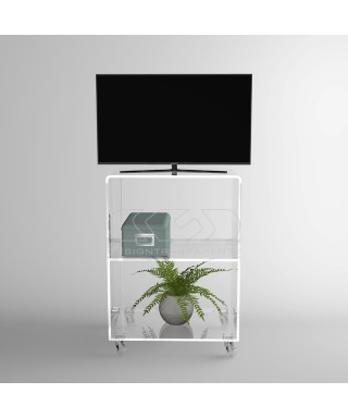 Carrello TV 50x40 mobile in plexiglass trasparente, ruote e ripiani.