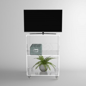 Carrello TV 50x40 mobile in plexiglass trasparente, ruote e ripiani.