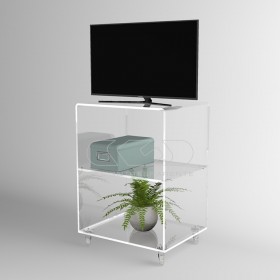 Carrello TV 50x40 mobile in plexiglass trasparente, ruote e ripiani.