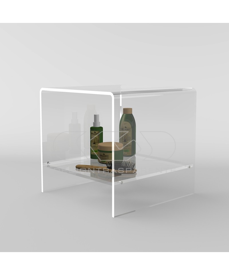 Sgabello cm 30x30 in plexiglass trasparente con ripiano per doccia.