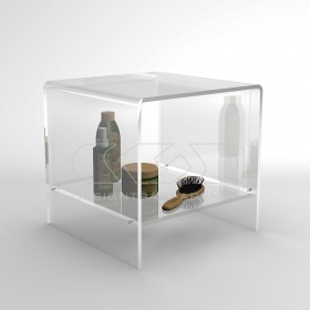 Sgabello cm 40x40 in plexiglass trasparente con ripiano per doccia.