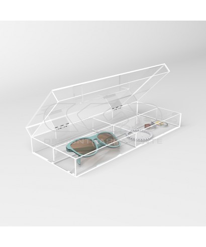 Caja de metacrilato transparente para gafas y joyas 33x13 cm.