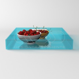 Vassoio quadrato in plexiglass acquamarina centrotavola portafrutta.