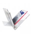 Acrylic magazine rack transparent lucite with colored base.