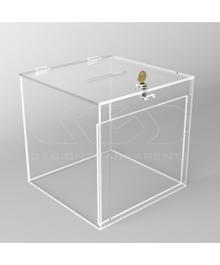Clear acrylic ballot box with slot, key lock and pocket display for graphics