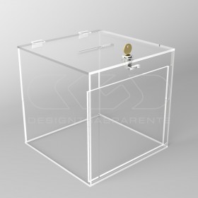 Clear acrylic ballot box with slot, locker and display for graphics.