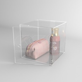 Cubo vitrina 15 cm en metacrilato transparente expositor de pared.