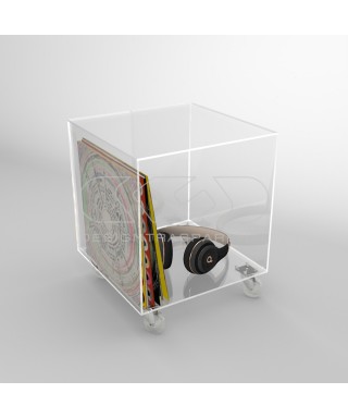 Cubo espositore cm 20 tavolino in plexiglass trasparente con ruote.