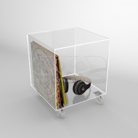 Cubo espositore cm 25 tavolino in plexiglass trasparente con ruote.