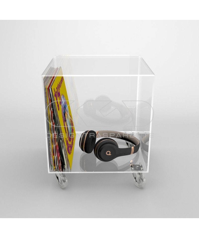 Cubo espositore cm 25 tavolino in plexiglass trasparente con ruote