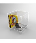 Cubo expositor cm 30 mesa de metacrilato transparente con ruedas.