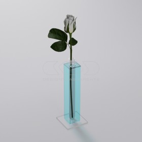 Florero monofloral de metacrilato azul claro transparente minimalista.