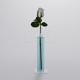 Florero monofloral de metacrilato azul claro transparente minimalista.