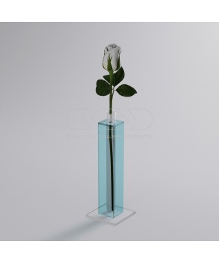 Florero monofloral de metacrilato azul claro transparente minimalista.