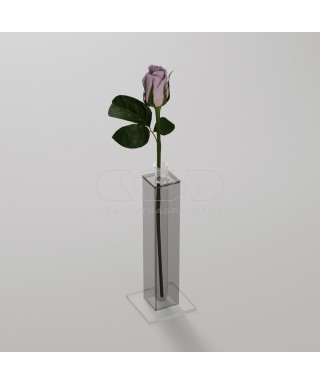 Vaso monofiore in plexiglass grigio trasparente minimalista elegante.