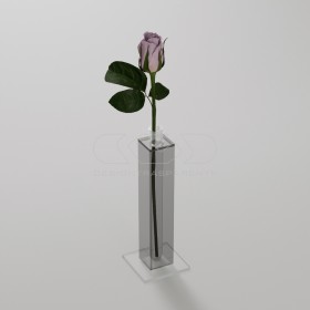 Vaso monofiore in plexiglass grigio trasparente minimalista elegante.