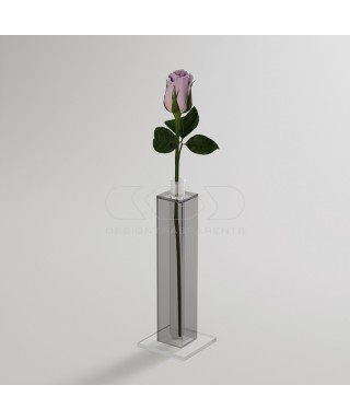 Vaso monofiore in plexiglass grigio trasparente minimalista elegante.